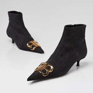 Balenciaga Black Denim BB Knife Kitten Heel Booties Size 5.5/36